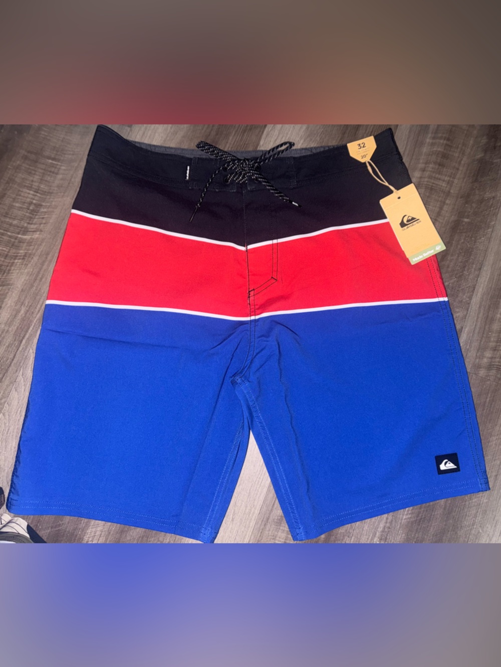 Quiksilver SurfSilk Blue Red Black Surf Board Shorts with Drawstring size 32x20